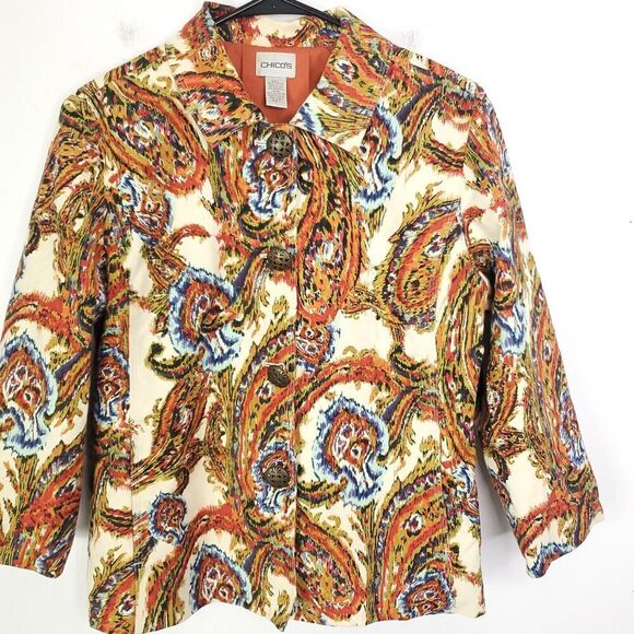 Chicos Jacket Womens 1 M Colorful Paisley Full Brass Buttons Collar All Over - Picture 1 of 9